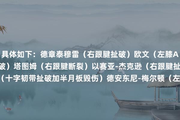 具体如下：德章泰穆雷（右跟腱扯破）欧文（左膝ACL）利拉德（左跟腱扯破）塔图姆（右跟腱断裂）以赛亚-杰克逊（右跟腱扯破）格兰特-威廉姆斯（十字韧带扯破加半月板毁伤）德安东尼-梅尔顿（左膝ACL）德鲁-史姑娘（左跟腱断裂）大瓦格纳（左膝ACL）怀斯曼（左跟腱扯破）崔永熙（左膝ACL）    体育赛事直播