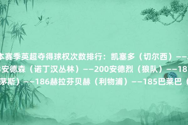 本赛季英超夺得球权次数排行：凯塞多（切尔西）——223B费（曼联）——203安德森（诺丁汉丛林）——200安德烈（狼队）——187刘易斯-库克（伯恩茅斯）——186赫拉芬贝赫（利物浦）——185巴莱巴（布莱顿）——184诺尔高（布伦特福德）——184克里斯蒂（伯恩茅斯）——182若昂-戈麦斯（狼队）——182    体育集锦