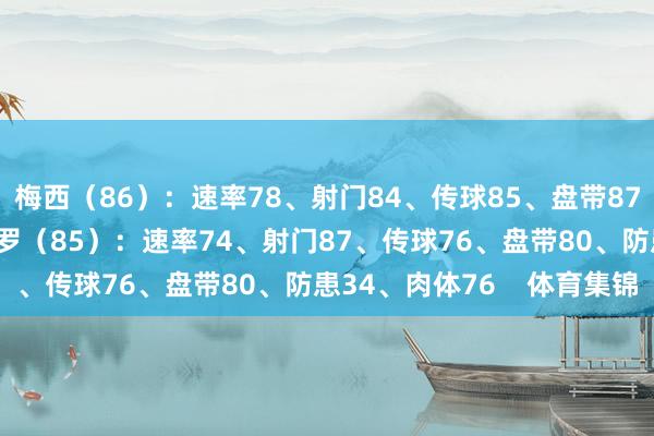 梅西（86）：速率78、射门84、传球85、盘带87、防患33、肉体64C罗（85）：速率74、射门87、传球76、盘带80、防患34、肉体76    体育集锦